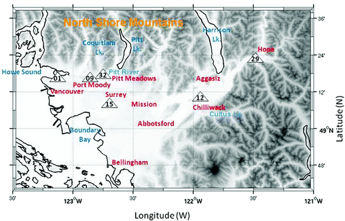 Fig. 1 Map of the LFV showing selected Metro Vancouver monitoring station locations (numbered triangles), urban areas of note (red), and important bodies of water and local elevation (shading).