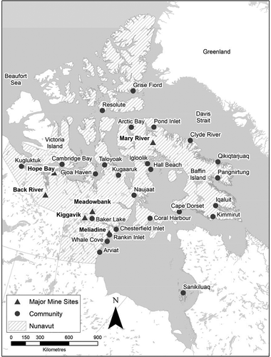 Figure 1. Major communities and key mine sites. Nunavut, Canada Credit: Map by Mathieu Bourbonnais, UBC.