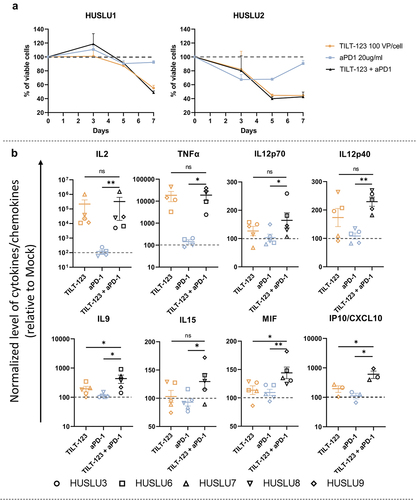 Figure 5. Evaluation of cytokine expression in tumor microenvironment of NSCLC ex vivo tumor histocultures. Patient tumor samples were treated with TILT-123 (100 VP/ml), aPD-1 (20 mg/mL) or a combination of TILT-123 and checkpoint inhibitor. Data was normalized to uninfected mock control. (a) Viability of tumor digests HUSLU1 and HUSLU2 from NSCLC measured by incubating cells for 2 h with 20% of CellTiter 96 AQueous One Solution Proliferation Assay reagent (Promega, Wisconsin, USA). Absorbance was read at 490 nm using a Hidex Sense plate reader (Hidex, Turku, Finland). Data was normalized to the uninfected mock control group. Experiments were performed in triplicates. (b) Selected cytokines and chemokines changes in tumor microenvironment upon treatments. Resulting data is presented as mean±SEM. Statistical significance is represented as *p < 0.05 and **p < 0.01.