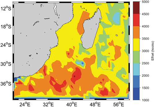 Figure 2. The distribution of fishing effort of escolar for all vessels in the southwestern Indian Ocean between 2010 and 2014.