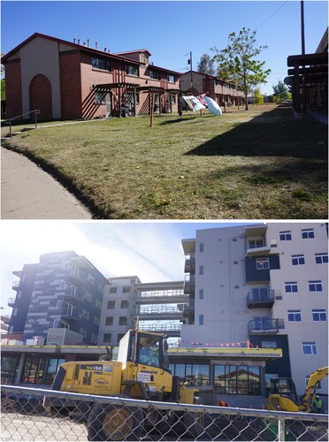 Figure 4. Example of the Sun Valley public housing (built in the 1950s) and a Sun Valley replacement apartment building (photographs taken by the authors).