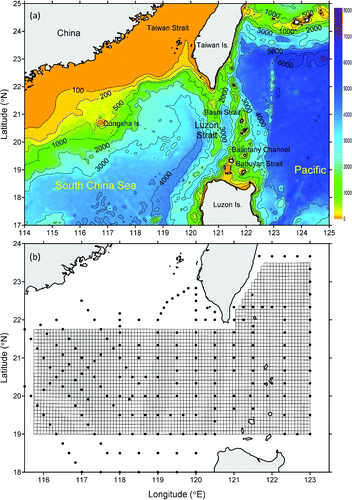 Fig. 1 (a) Bottom topography (m) around Luzon strait. (b) Observation stations of the survey from 31 August to 10 September 1994 as well as the horizontal grid of the model used.
