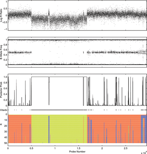 Figure 5 Copy number analysis of the colorectal cancer cell line SW837 (Chromosome 1) using site-wise marginal posterior probabilities of a copy number aberration from the F-B algorithm, the Viterbi algorithm (black lines indicate detected regions of aberrant copy number), and k-segment analysis for different fixed super-state segment numbers. Segmentation using low values of k provides a broad classification of the data involving large genomic aberrations, while larger values of k produce more detailed segmentations that may correspond to small gene deletions or amplifications.