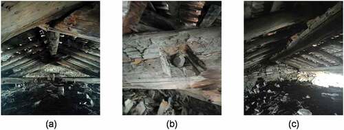 Figure 4. (a) Existing wooden roof structure; (b) existing metal pin between timber struts and ties; (c) ridge beam undergoing excessive deflection.