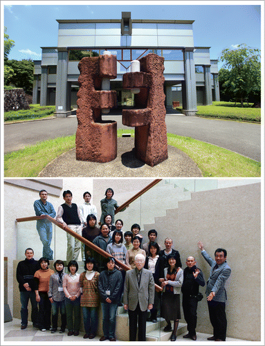 Figure 3. Osamu Hayaishi was the driving force for the Osaka Bioscience Institute (operated between 1987 and 2015), simply known as OBI, to become a world leading center of scientific research. The unique and elegant building of OBI with metallic external walls (upper photo) was designed by the late Kenzo Tange, perhaps the most famous architect from Japan. At the entrance to OBI stands a sculpture entitled “La Porte d'Espérance” in French, meaning “Gate of Hope” in English. It is a masterpiece by the late Yasuo Mizui, an internationally renowned Japanese sculptor. The lower photo shows members of the Department of Molecular Behavioral Biology, also known as the “2nd Department,” which includes Director Emeritus Osamu Hayaishi (center), Head Yoshihiro Urade (right) and Staff Scientist Michael Lazarus (upper left), in the marble entrance hall of OBI, ca. 2010. Photo Credit: Yoshihiro Urade and Yoan Chérasse, Japan.