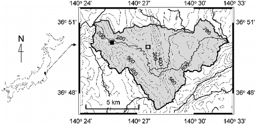Figure 1. Location and topography of the Oda River catchment. The catchment is represented by the shaded area. The Oda River runs through the central valley westward (right to left). Closed square: water sampling point; open square: rain gage station.