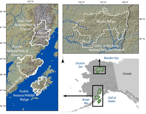Figure 1. National park and preserve & wildlife refuge study areas; Gates of the Arctic NPP (GAAR), Lake Clark NPP (LACL), Katmai NPP (KATM) and Kodiak NWR (KOD). This figure is reproduced from the Hilderbrand et al. [Citation22] study of the same populations.