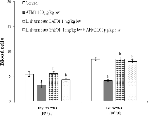 Figure 4.  Influence of AFM1 and Lactobacillus rhamnosus GAF01—alone or in combination—on blood cell counts. Balb/c mice received daily (for 14 days) by gavage distilled water (open bar), AFM1 (100 µg/kg BW) (solid bar), L. rhamnosus GAF01 (1 mg/kg BW) (shaded bold bar), or AFM1 + L. rhamnosus GAF01 (shaded fine bar). Erythrocyte and leukocyte counts were then performed on blood samples collected on Day 15 of the experiment (i.e., 1 day after final exposure in each regimen). Results are expressed as mean [± SE] from n = 12 mice/group. A Student’s t-test was used to compare differences between groups: aValue significantly/bnot significantly different from control at p ≤ 0.05.