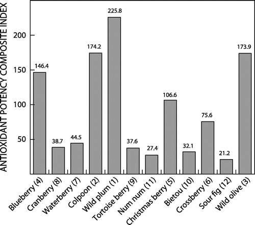 Chart 1: Antioxidant Potency Composite Index for ten indigenous fruits and two controls, with the ranking order in brackets.