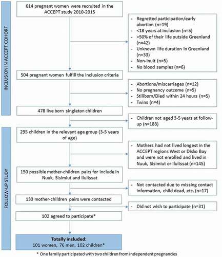 Figure 1. Flowchart showing the process of inclusion and exclusion of mother-child dyads for the ACCEPT follow-up study