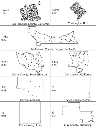Figure 1. Population density per square mile (numbers on top) and walkability scores (numbers on bottom) for selected study counties. Each symbol represents 20 people per square mile. Maps are not to scale.