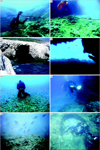 Figure 6. Submerged landforms surveyed by scuba-dive observations on the inner continental shelf (numbers indicate depth) (CitationMiccadei et al., 2011b); (a) Capraia island, incisions and erosional features, between sea-level and about 20 m b.s.l.; (b) San Domino island, detritic fan with centimetric and decimetric calcareous elements, sub-rounded, fossilized by algal fouling. Fan apex is located at about 8 m b.s.l.; the toe lies on the flat marine erosion surface at 20 m b.s.l.; (c) San Domino island, cave at sea-level extending down to 8 m b.s.l. (d) San Domino island, submerged cave at 10 m b.s.l.; (e) Capraia island, flat surface developed between 20 and 25 m b.s.l.; (f) Capraia island, inner margin of flat marine erosion surface observed by bathymetric analysis, at about 20 m b.s.l.; (g) Capraia island, shore platform at 8 m b.s.l.; (h) Metric sub-rounded coastal rockpools, at 8 m b.s.l.