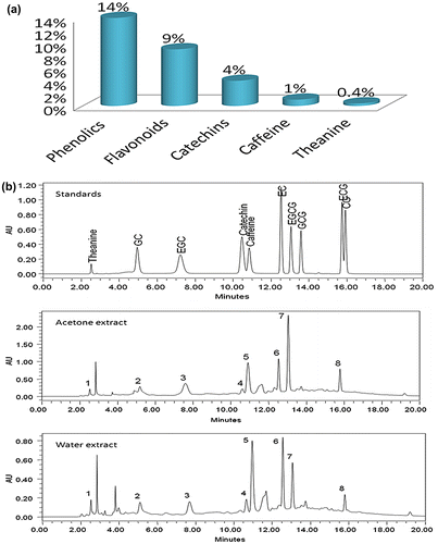 Figure 1. (a) A column chart showing percentage of total phenolics, flavanoids, catechins, caffeine and theanine in tea fruits on dry weight basis. (b) RP-HPLC chromatograms showing quantitative analysis of major phytoconstituents.