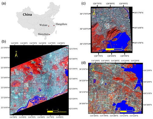 Figure 1. (a) Location of the study areas in China; (b), (c), and (d) are WorldView-2 false color images (8, 3, and 2) overlaid with ground truth references covering Shenzhen, Hangzhou, and Wuhan, respectively.