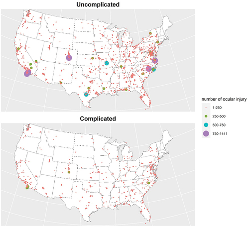 Figure 2. Geospatial distribution of the total numbers of ocular injuries in service members of the U.S. Armed Force by zip codes of military treatment facilities in the Continental U.S.