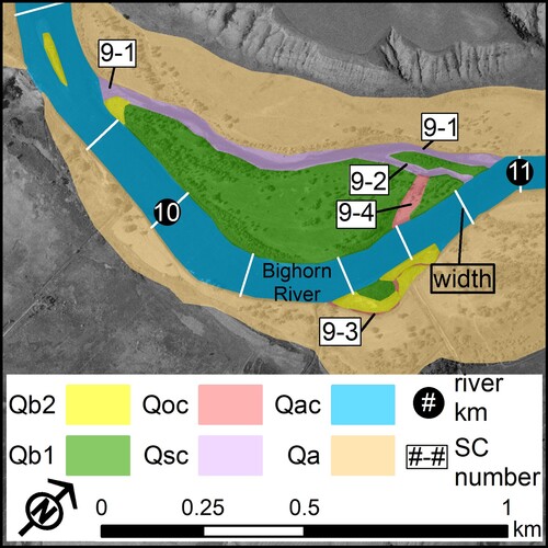 Figure 5. Example of geomorphic mapping and channel width measurements near side channel complex 9.
