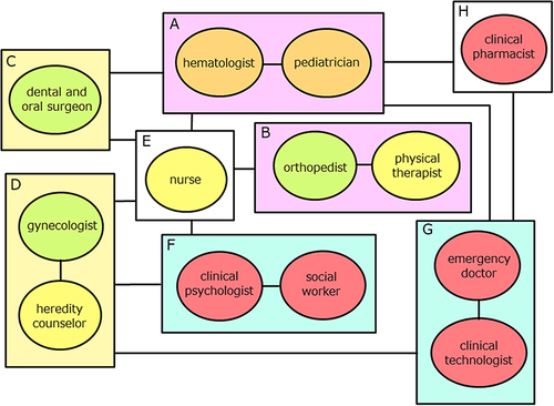 Figure 1 Components of Comprehensive Hemophilia Care. (A) Hematologists and pediatricians play a fundamental role in comprehensive care and complete transitional care; (B) Orthopedist and physical therapist are responsible for joint evaluation and treatment; (C) Dental and oral surgeons are responsible for oral care; (D) Gynecologists and heredity counselors are involved in the care and education of carriers; (E) Nurses are responsible for mental health care as well as assisting in the treatment of each department; (F) Clinical psychologists and social workers are responsible for mental health care as well as supporting social welfare; (G) Emergency doctors and clinical technologist are responsible for the care of patients in the event of an emergency. In addition, the clinical technologist contributes to the medical assistance of each department; (H) Clinical pharmacists provide information on therapeutic drugs to the departments and manage drug inventories.