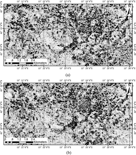 Figure 7. The first PC of texture features of ME, VA, and HOM: (a) before and (b) after the earthquake