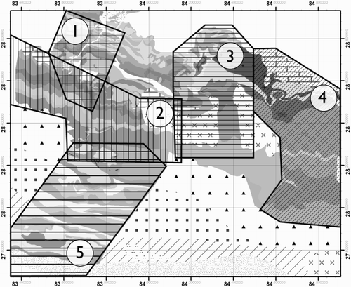 Figure 2. Sources of geological data. Greyscale version of the 1:200,000 geological map overlaid with hatched polygons to define the regions where field mapping data and previously published geological maps have been used to construct the final map. Fieldwork was conducted in regions 1 and 2 during 2012 and 2013. Geological maps used are as follows: Region 1– CitationGodin (2003); Region 2 – CitationLarson and Godin (2009), CitationMartin et al. (2010), CitationSearle (2010); Region 3 – CitationColeman (1996), CitationCatlos et al. (2001), CitationGleeson and Godin (2006), CitationGodin, Gleeson, et al. (2006); Region 4 – CitationLarson et al. (2010); Region 5 – CitationPaudel and Arita (2000, Citation2006a, Citation2006b); Rest of map – CitationColchen et al. (1981), CitationPaudel and Arita (2000), CitationBollinger et al. (2004).
