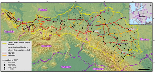 Figure 1. Historical railway network in relation to the historical and contemporary political boundaries.