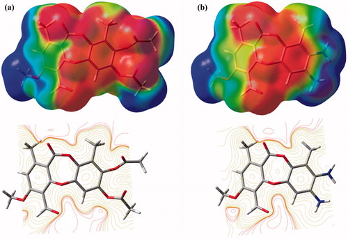Figure 3. Molecular electrostatic potential (top) and counter (bottom) maps of the depsidone 1 (a) and depsidone 7 (b), calculated at M06-L/6-31 + G(d,p) level.