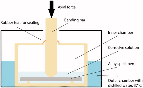 Figure 1. The dynamic corrosion test set-up. A specimen was placed on supporting pins immersed in artificial saliva (corrosive solution, pH= 2.3). The inner chamber, the bending bar and the supporting pins comprise of polyoxymethylene (POM) thermoplastic material. The inner chamber was sealed to prevent evaporation of the corrosive solution. The outer chamber was filled with distilled water set to constant temperature of 37 °C.