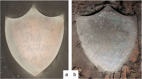 FIG. 10 Brass coffin plates from vault 3: (a) V3A for Thomas Bury d. 1847; (b) V3C for Jane Bury d. 1839 (photos by J.R. Peterson).