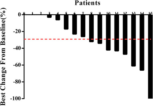 Figure 2 Maximal percent change in the sum of the diameters of target lesions from baseline in each of the 15 patients (mean: 33.3%).