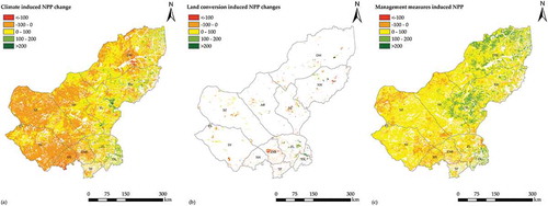 Figure 8. (a) Spatial distribution of NPP changes induced by climate variation, (b) land conversion and (c) management measures in the Xilingol grassland between 2000 and 2015 (Unit: g C·m−2·yr−1)