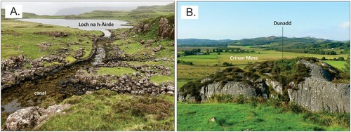 Figure 5. A: The ‘Norse canal’ and a noust (boathouse) at Loch na h-Àirde (Skye, Inner Hebrides) (photo with permission of Tom Gardner). B: Dunadd (Argyll), the site of a once ocean-encircled hillfort, looking northwards (photo: Wikimedia Commons, Geograph Project).