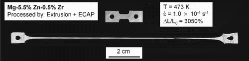 Figure 8. Appearance of a tensile specimen of a ZK60 magnesium alloy pulled to failure at 3,050% after extrusion and ECAP; the upper specimen is untested.[Citation76]