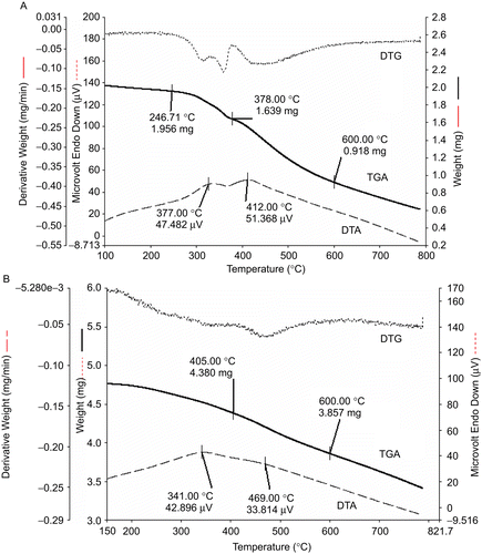 Figure 1.  Thermogravimetric analysis curves. (a) TGA/DTG curve for [Cr(C24H16N4)Cl]Cl2 complex. (b) TGA/DTG curve for [Fe(C24H16N4)Cl]Cl2 complex.