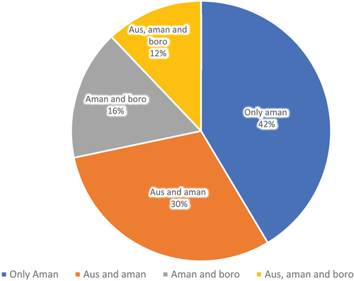 Figure 3. Aus, Aman and Boro rice cultivation by coastal farmer of Bangladesh based on farmers’ interviews (n=74).