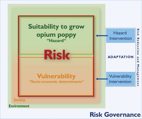 Figure 1. Conceptual risk framework defining the risk of opium poppy cultivation, with its subcomponents of environmental and climatic suitability and socio-economic vulnerability. The suitability is mainly embedded within environmental conditions, whereas the vulnerability is defined by societal drivers. For both components appropriate intervention measures can be identified (built on Birkmann et al. Citation2013; Kienberger and Hagenlocher Citation2014).