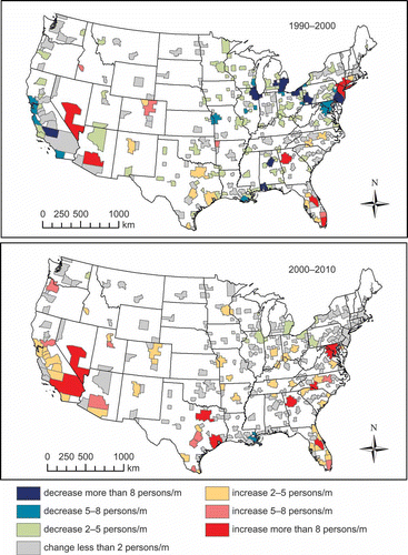 Figure 4. The change in linear population density (LPD) for all MAs, 1990–2000 and 2000–2010.