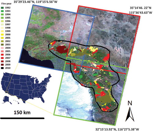 Figure 1. Study area of Southern California is enclosed by the black polygon. Background images are Landsat5 R5G4B3 composites on 5 July 2009, 14 July 2009, and 27 May 2009 for Path41/Row36 (blue), Path40/Row36 (red), and Path40/Row37 (green), respectively. Fire year and location during 1992–2010 are identified (source: Monitoring Trends in Burn Severity, http://www.mtbs.gov/). For full colour versions of the figures in this paper, please see the online version.