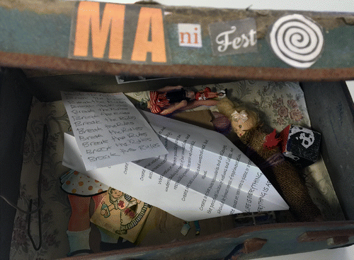 Figure 10. Patricia Waugh, 2016, Artist Manifesto, mixed media (small suitcase, manifesto statement and assemblage of objects), photograph by Lisa Cianci.