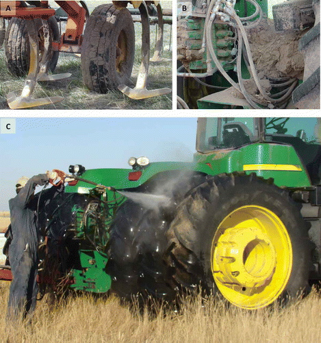 Fig. 4. (Colour online) A, Clubroot-infested soil adhered to tires, shanks and shovels of a 12 m-wide field cultivator – over 50 kg of soil was removed from this implement. B, Clubroot-infested soil on the frame and tires of a large field tractor – over 150 kg of soil was removed from this machine. C, Pressure washing clubroot-infested soil from the tires of a field tractor.