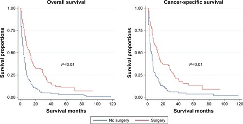 Figure 1 Kaplan–Meier survival curve (overall and cancer-specific survival) of surgery of the primary site.