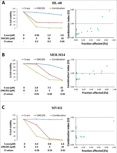 Figure 5. ONC201 combines synergistically with 5-azacytidine in AML in vitro. Representative % cell viability curves at indicated concentrations and combination index (CI) versus fraction affected (Fa) plots for ONC201 and 5-azacytidine (5-aza), either as single agent or in combination (72 h) in (A) HL-60, (B) MOLM14 and (C) MV411 cells. CI < 1 indicates synergism, CI = 1 indicates additive effect and CI > 1 indicates antagonism. Raw data shown in Table S5, S6 and S7.
