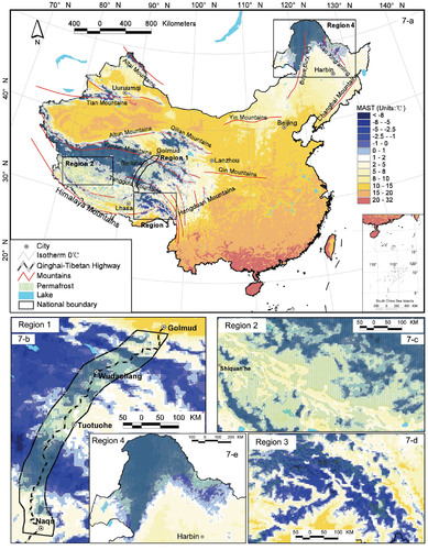 FIGURE 7. Relationship between the 8-year average MAST, SFN, and the southern/lower limits of permafrost in China (a) and in four enlarged areas: (b) along the Qinghai-Tibet engineering corridor, (c) in western QTP, (d) in southeastern QTP, and (e) in northeastern China.