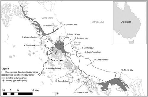 Figure 1. Map of the Gladstone Harbour zones showing the seven zones recommended for long-term mud crab monitoring (‘sampled’) and areas of urban and industrial land cover.Major industries include: (1) aluminium refineries, (2) aluminium smelter, (3) cement plant, (4) limestone and clay mines, (5) liquified natural gas plants, (6) coal fired power station, (7) ammonium nitrate, nitric acid, polystyrene and sodium cyanide plant.