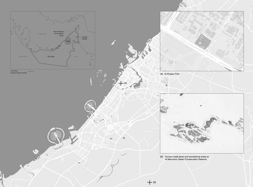 Figure 1. Map of the UAE with a detailed view of Dubai and the initial sites where the fieldwork was conducted. Base map source: Google Maps. (n.d.). Retrieved March 25, 2024.