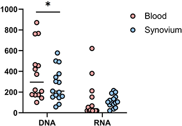 Figure 3 Comparison of HIV DNA and HIV RNA in blood and synovium. p < 0.05 was marked as *.