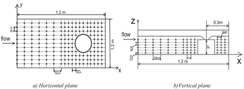 Figure 3. Locations at which the velocity in three dimensions was measured by the ADV.