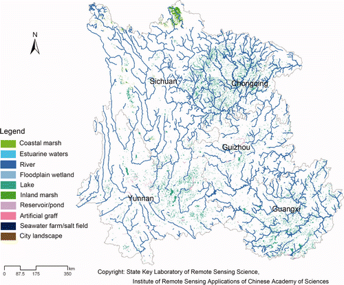 Figure 4. Wetland distributions in the five provinces of southwestern China in 2008.