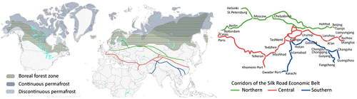 Figure 1. The “Silk Road Economic Belt” the Asia-Pacific economic circle in the east and the European economic circle in the west, and the “the 21st-Century Maritime Silk Road” links the major port cities in China and Southeast Asian countries with Europe. It is the longest economic corridor in the world with the high potential. The Belt and Road is composed over 65 countries with a population of 4.4 billion, which is 63% of the world’s population (left), figure adopted from (www.chinadaily.com.cn/bizchina/2014-06/28/content_17621525.htm) PEEX domain (right), figure adopted from the PEEX Science Plan (Lappalainen et al., Citation2014).