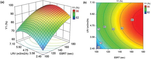 Figure 4. (a) 3D response surface and (b) 2D contour plots illustrating the effect of EBRT and LRV on H2S removal efficiency in SBTF (Y1).