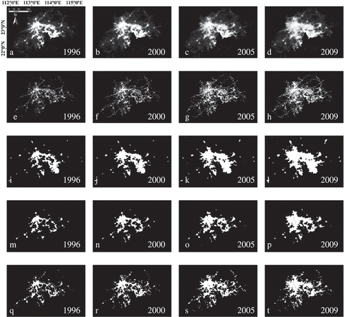 Figure 7. The built-up urban areas of eight cities in the Pearl River Delta of southern China in 1996, 2000, 2005, and 2009. Figure ‘a’–‘d’ represents the original DMSP/OLS NSL imageries; Figure ‘e’–‘h’ represents the Landsat TM/ETM+-extracted built-up urban areas; Figure ‘i’–‘l’ represents the NSL-extracted built-up urban areas using the global-fixed threshold method; Figure ‘m’–‘p’ represents the NSL-extracted built-up urban areas using the local-optimized threshold method; Figure ‘q’–‘t’ represents the NSL-extracted built-up urban areas using the proposed NSA method.
