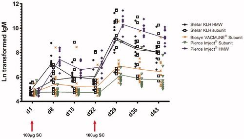 Figure 4. Ln transformed anti-KLH IgM response. The mean of the duplicates for each animal/timepoint is presented. The line connects the group mean for each timepoint. Group positions on the x-axis are offset slightly to aid visualization. All groups were assayed according to the same schedule: prime and boost of 100 µg KLH (SC) on Days 1 and 22; antibody serum draws were taken on Days 1, 8, 15, 22, 29, 36, and 43.